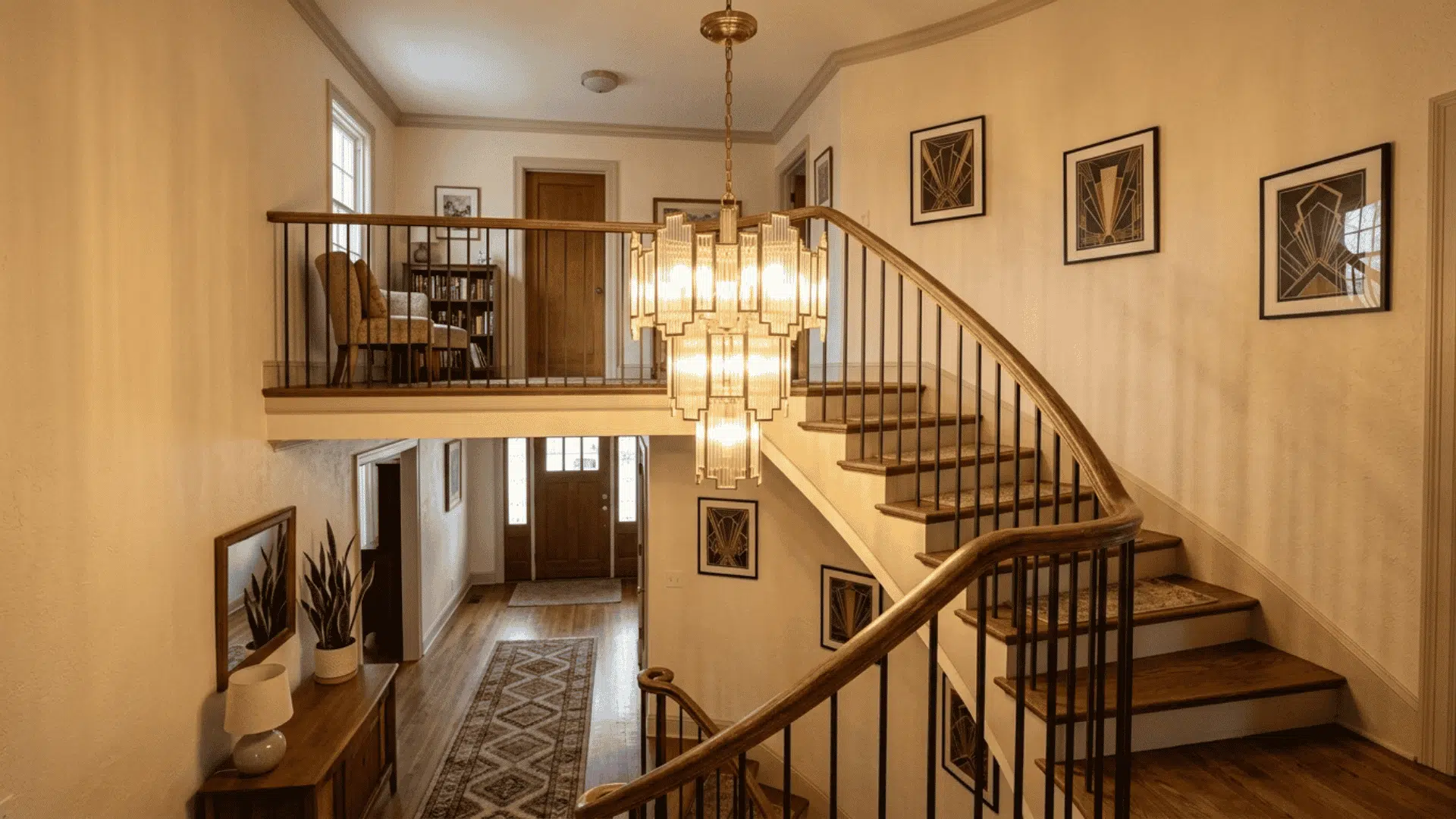 tiered art deco chandelier above residential staircase in modern home with warm lighting and simple interior layout