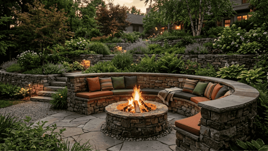 tiered backyard landscape with stone retaining walls curved built-in seating fire pit lush garden ambient lighting evening