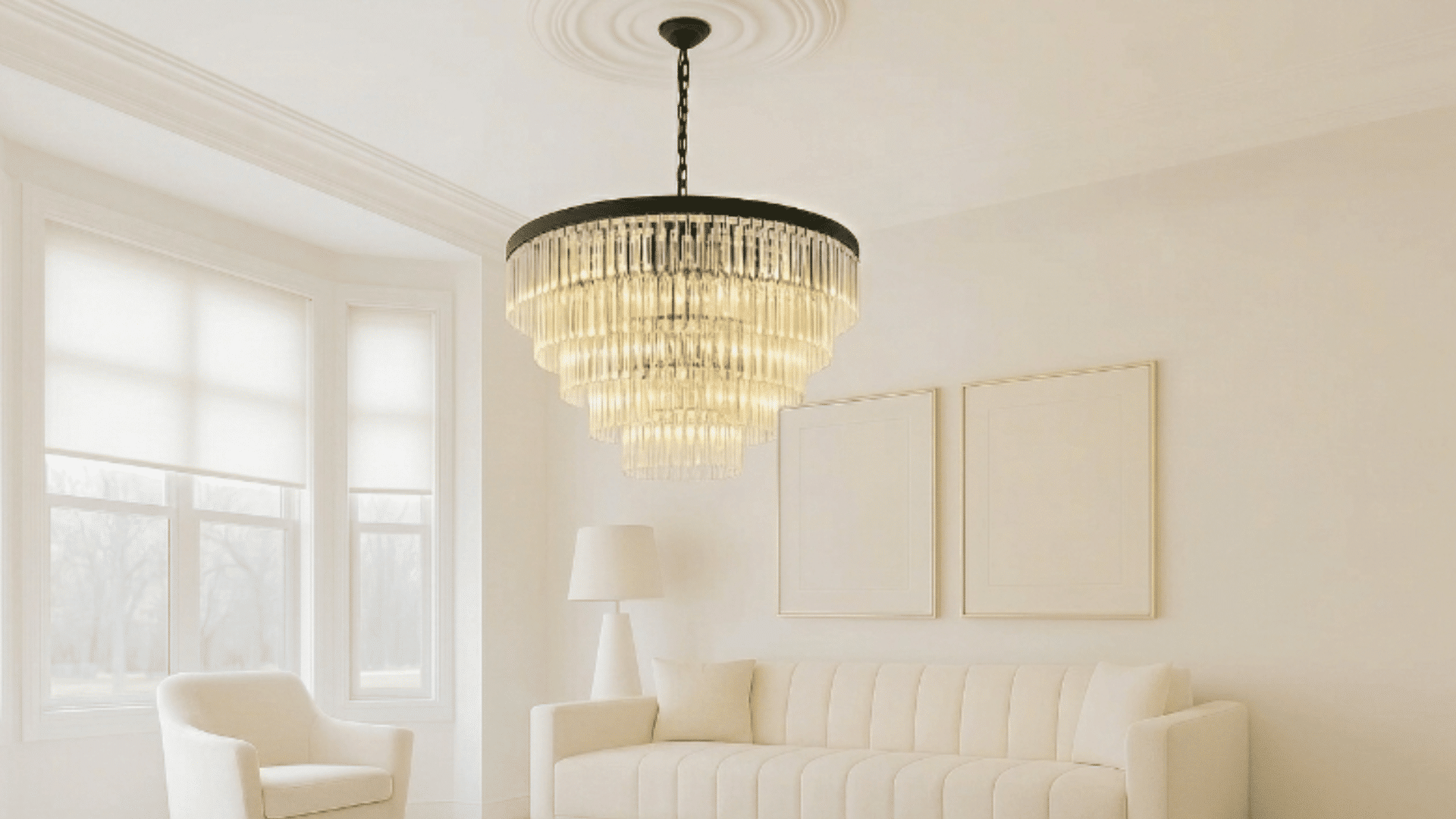 tiered chandelier with layered lights above empty dining table in a modern dining room with high ceiling