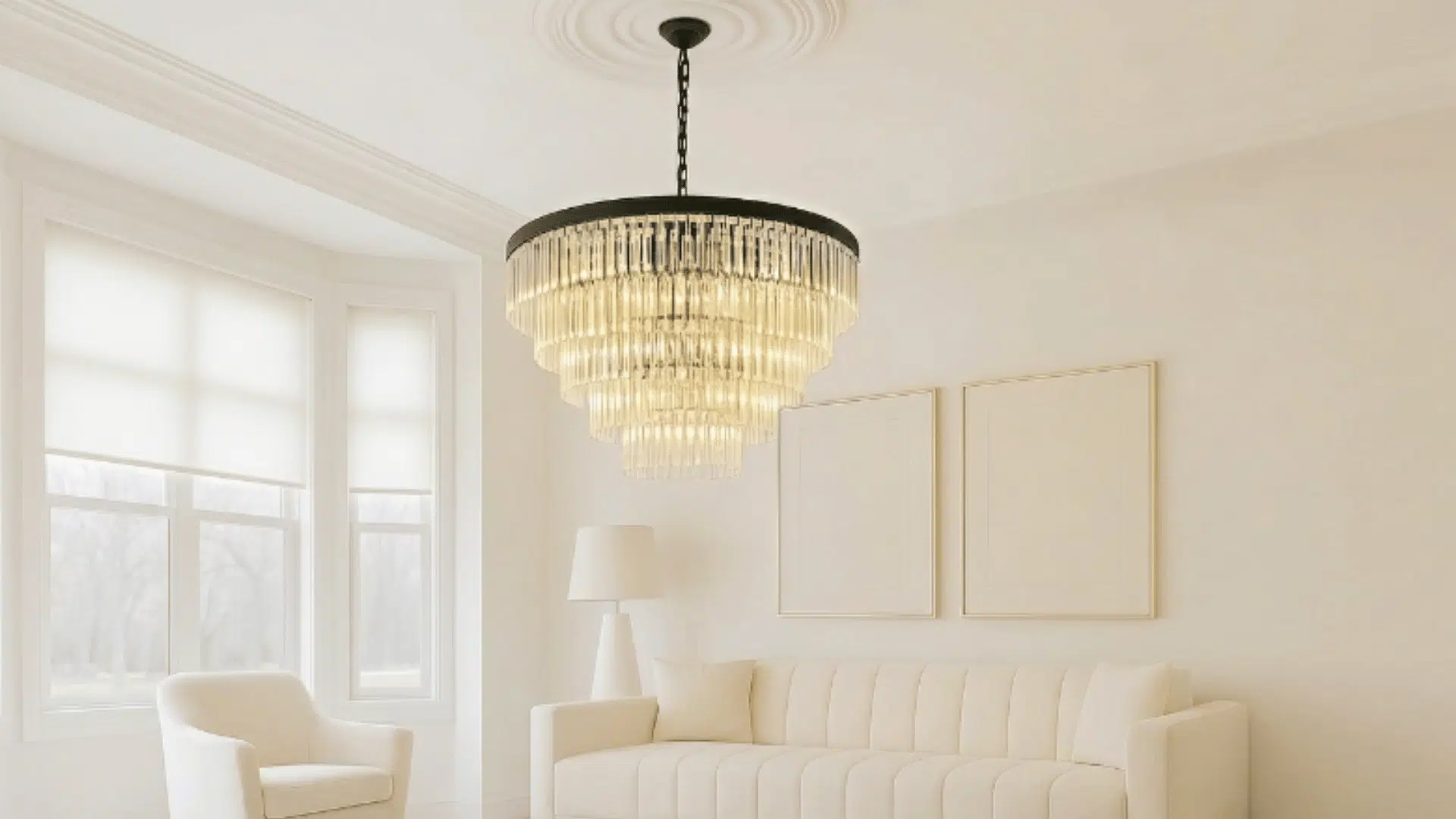 tiered chandelier with layered lights above empty dining table in a modern dining room with high ceiling