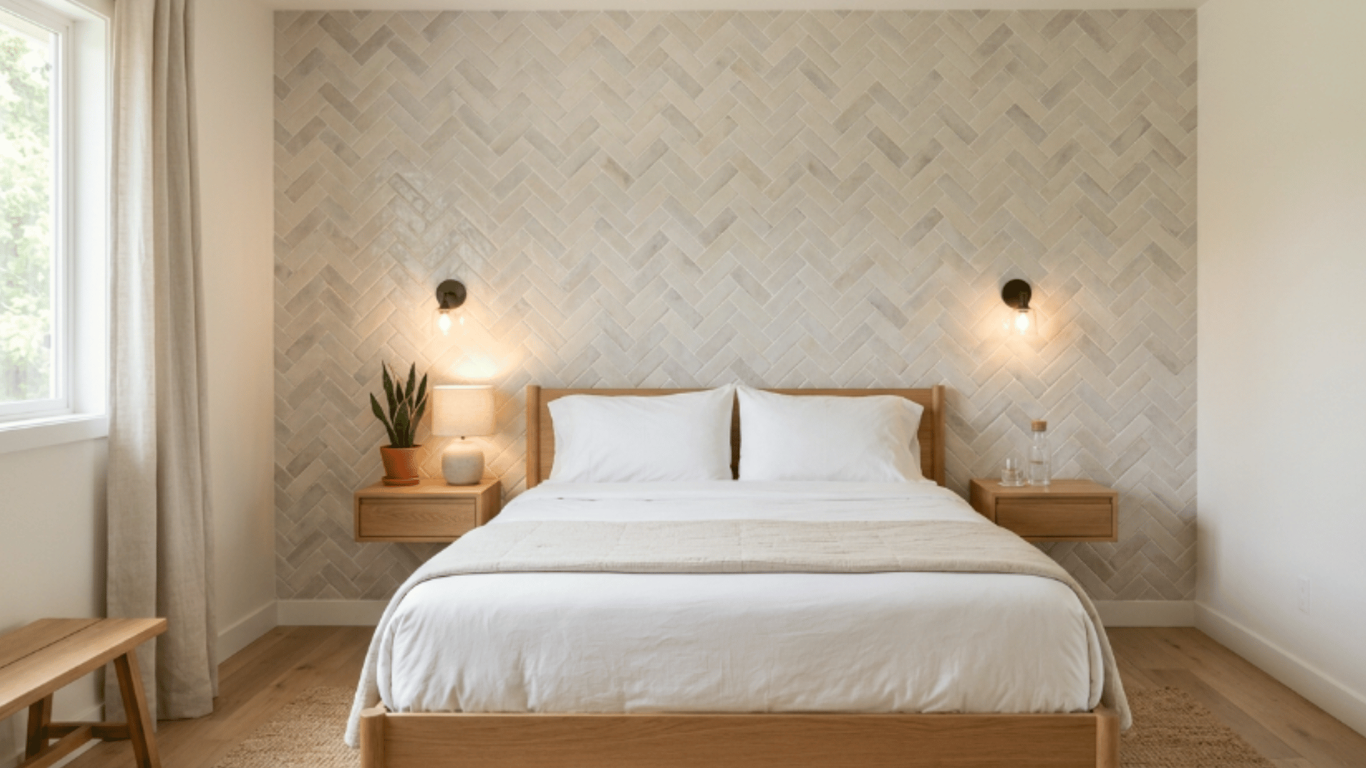 tile wall behind bed with clean pattern adding structure and easy maintenance