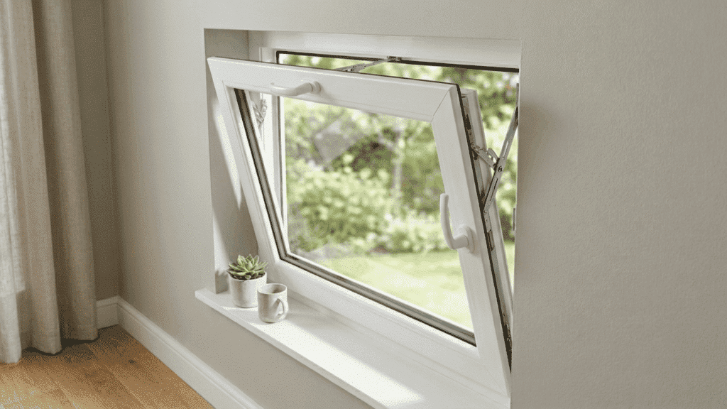 tilt and turn pvc window in tilted position installed against a neutral wall in a modern room