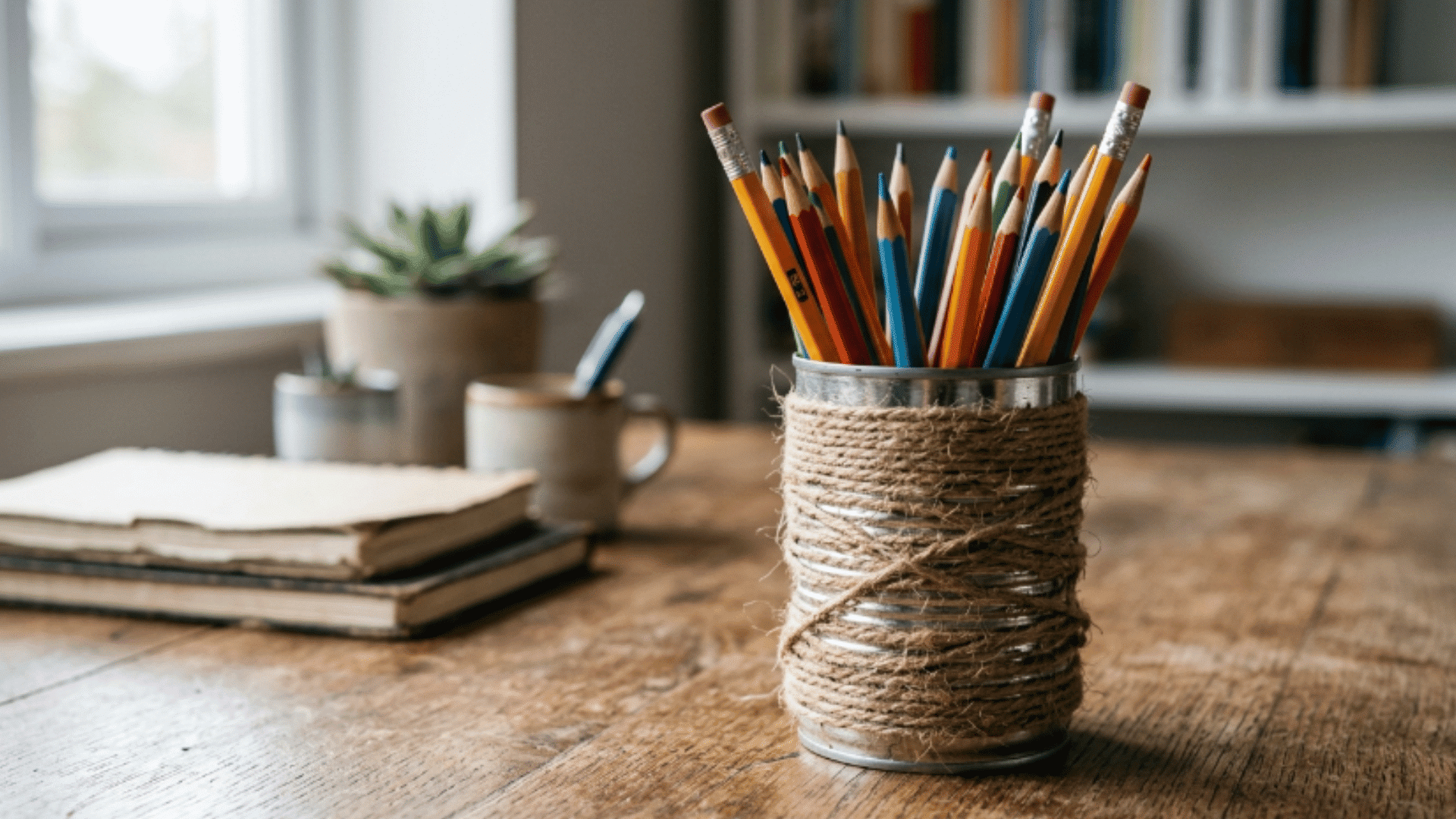 tin can pencil holder wrapped in twine filled with stationery placed on wooden desk with natural light