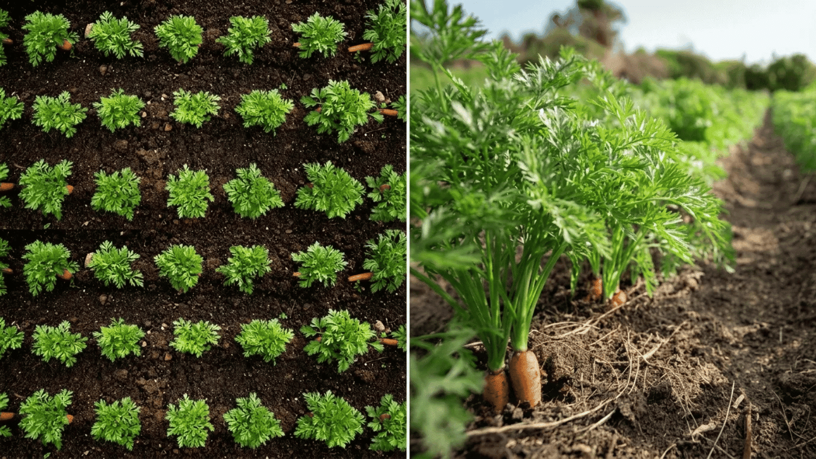 top view and side view of carrot plants growing in garden rows, showing spacing, leafy greens, and root development in soil