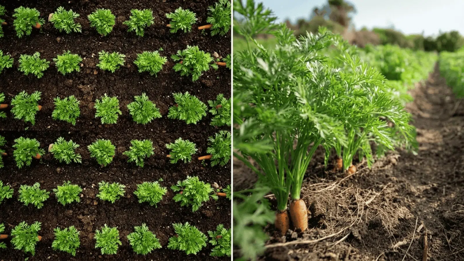 top view and side view of carrot plants growing in garden rows, showing spacing, leafy greens, and root development in soil