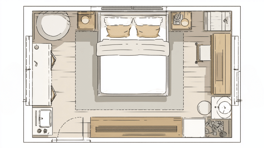 top view bedroom floor plan with bed nightstands desk wardrobe seating area and compact bathroom layout.png Uploaded through