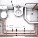 top view diagram of bathroom plumbing layout showing toilet sink and shower with copper pipes labeled hot water cold water and drain lines