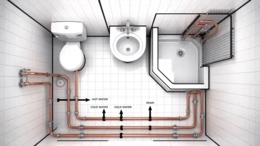 top view diagram of bathroom plumbing layout showing toilet sink and shower with copper pipes labeled hot water cold water and drain lines