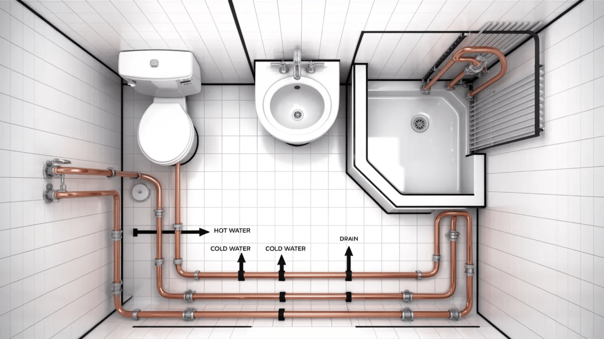 top view diagram of bathroom plumbing layout showing toilet sink and shower with copper pipes labeled hot water cold water and drain lines