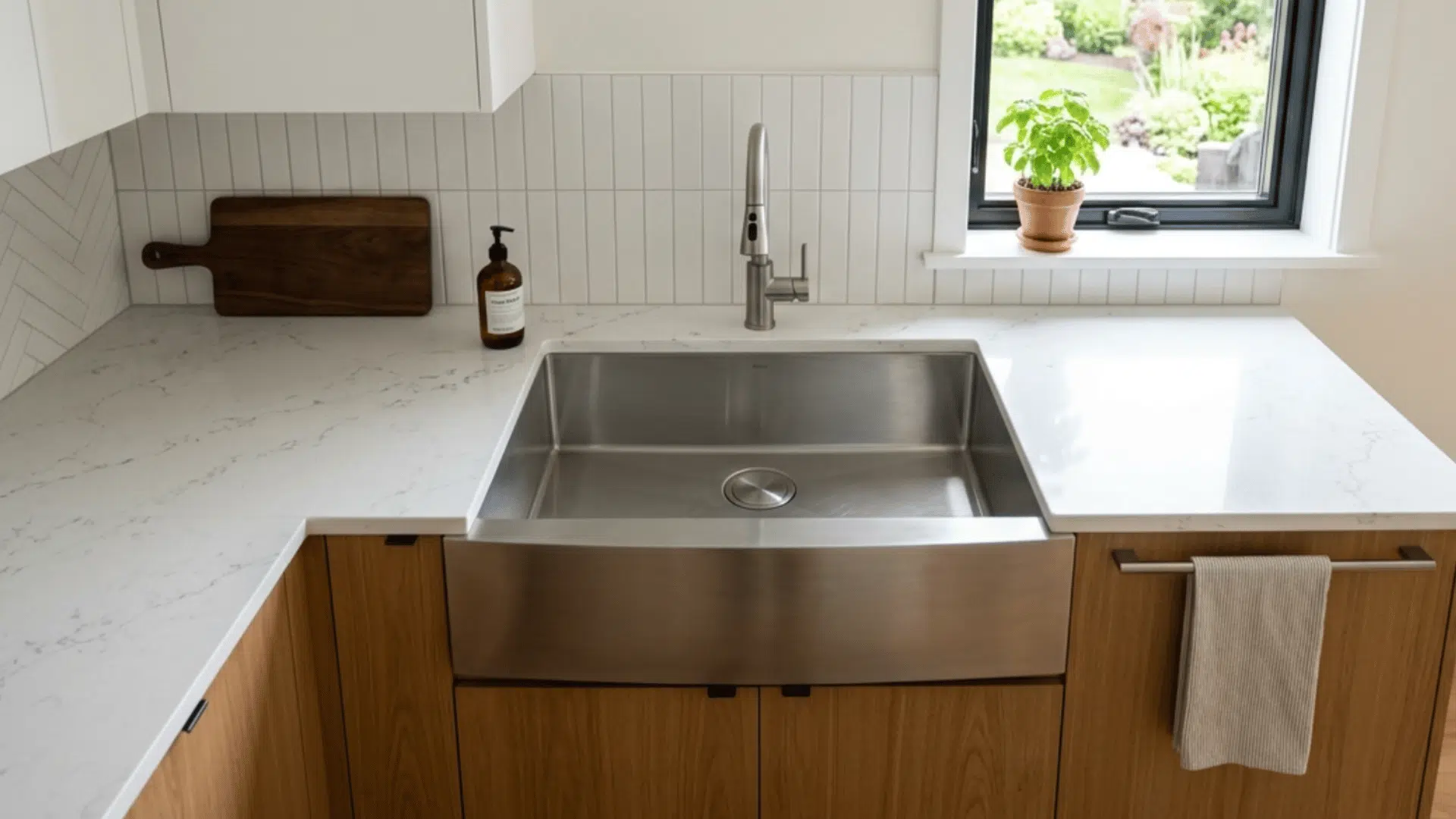 top view of single bowl kitchen sink with wide clean empty basin and modern countertop