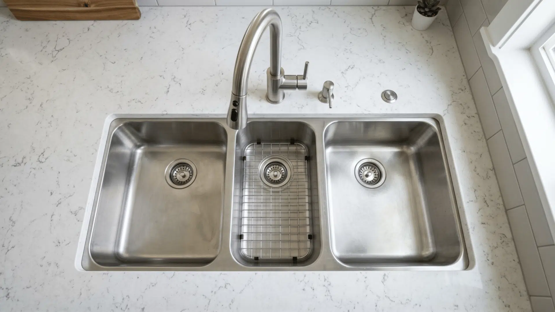 top view of triple bowl kitchen sink with three separate clean empty sections on modern kitchen countertop