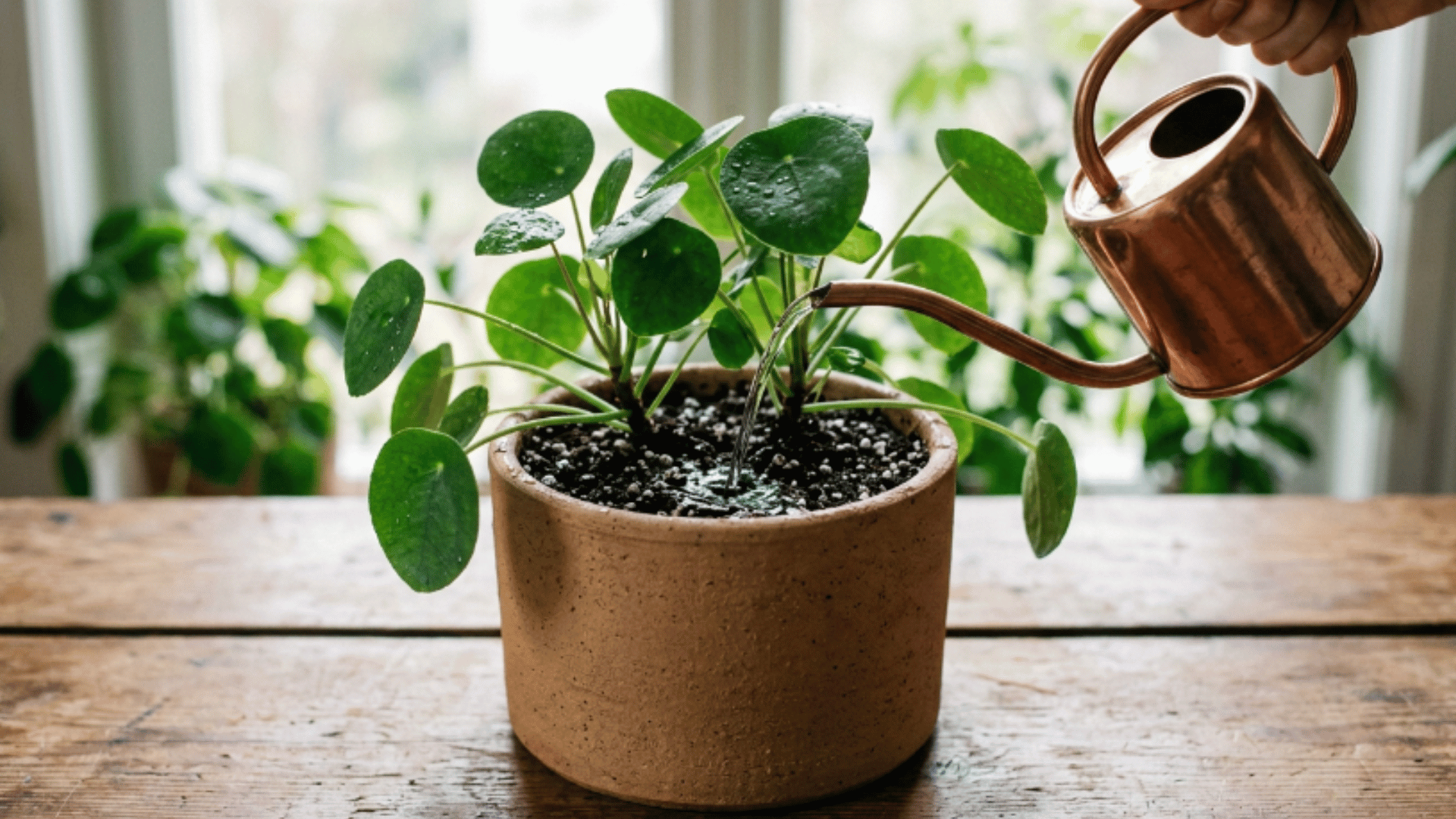 top watering houseplant with water poured onto soil surface in pot without drainage holes indoors (1)