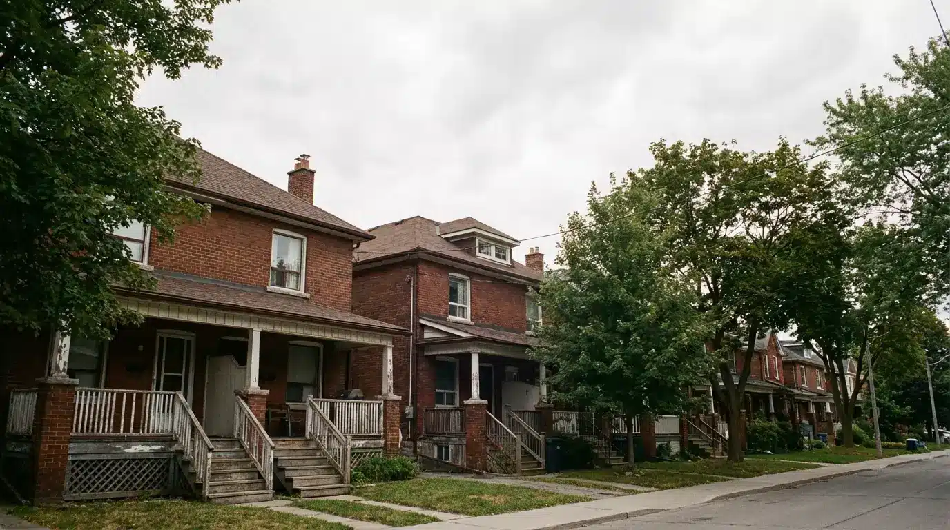 Row of brick houses with wooden porches and trees lining a suburban street under cloudy sky