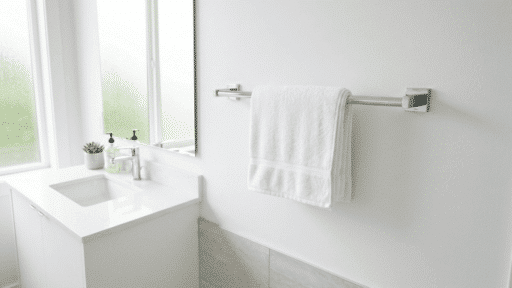 towel bar mounted at the correct height on a white bathroom wall with a folded white towel