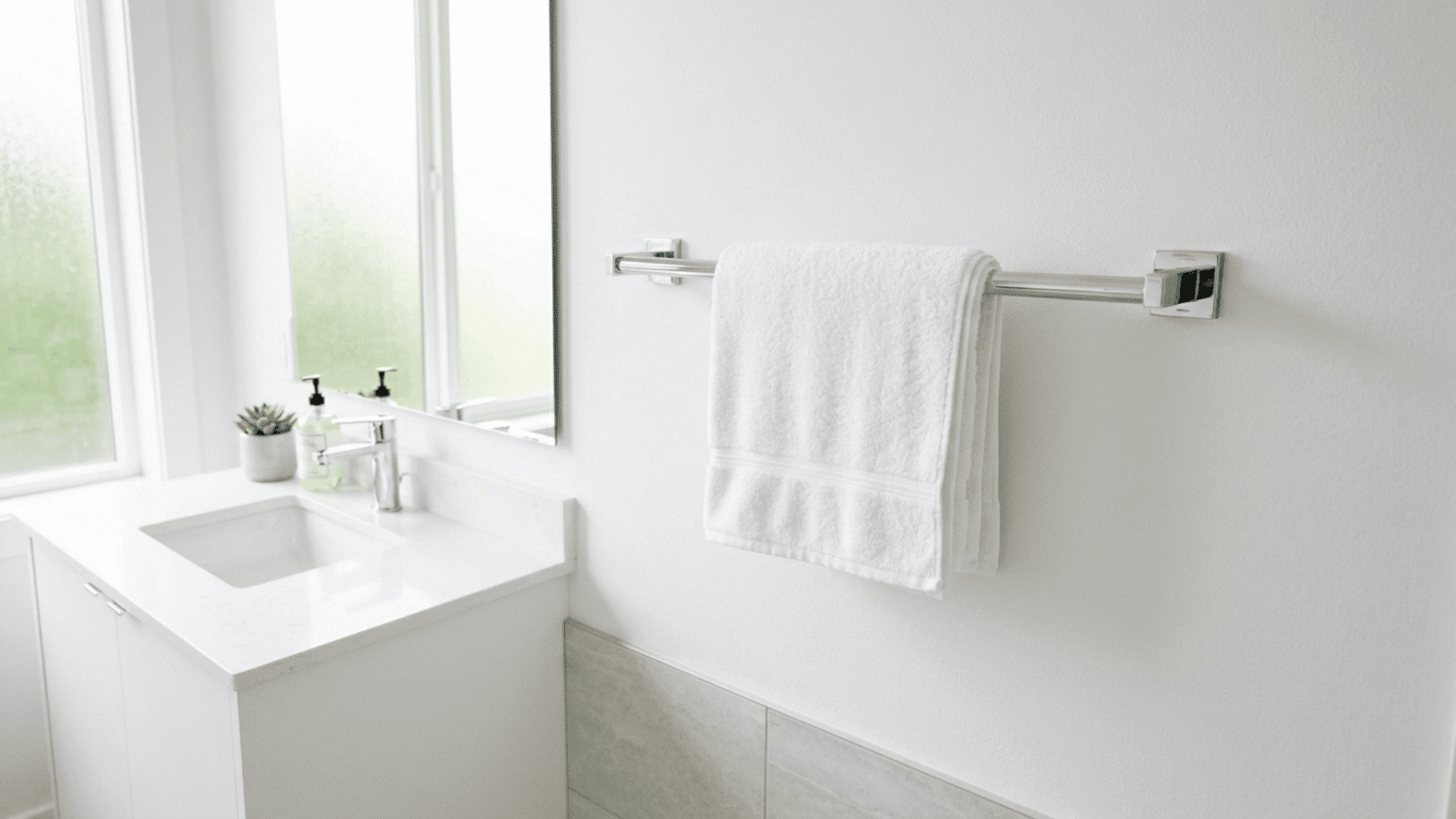 towel bar mounted at the correct height on a white bathroom wall with a folded white towel