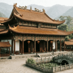traditional Chinese temple with ornate roof, courtyard, and historic architectural design.