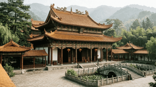 traditional Chinese temple with ornate roof, courtyard, and historic architectural design.