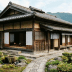traditional Japanese house exterior with wooden design, tiled roof, and landscaped garden.
