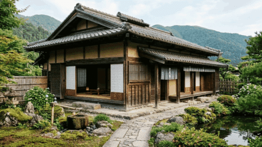 traditional Japanese house exterior with wooden design, tiled roof, and landscaped garden.