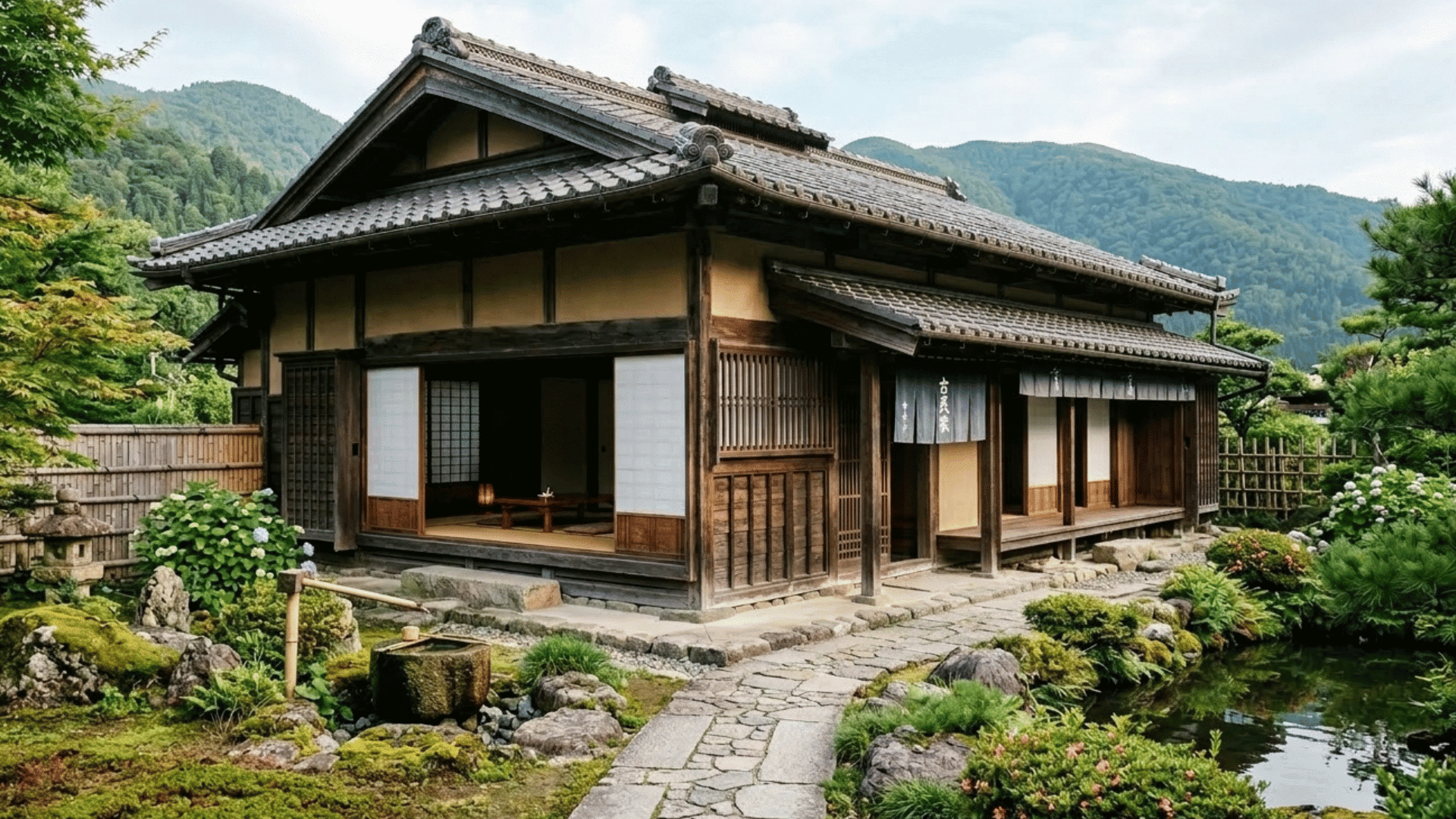 traditional Japanese house exterior with wooden design, tiled roof, and landscaped garden.