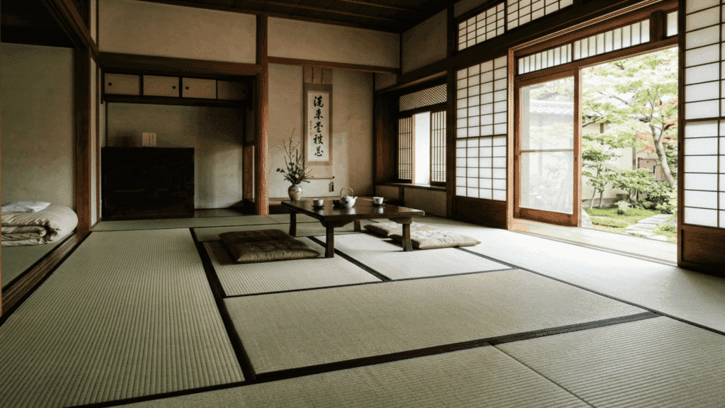 traditional Japanese room with tatami mats, low table, cushions, and shoji doors opening to garden.