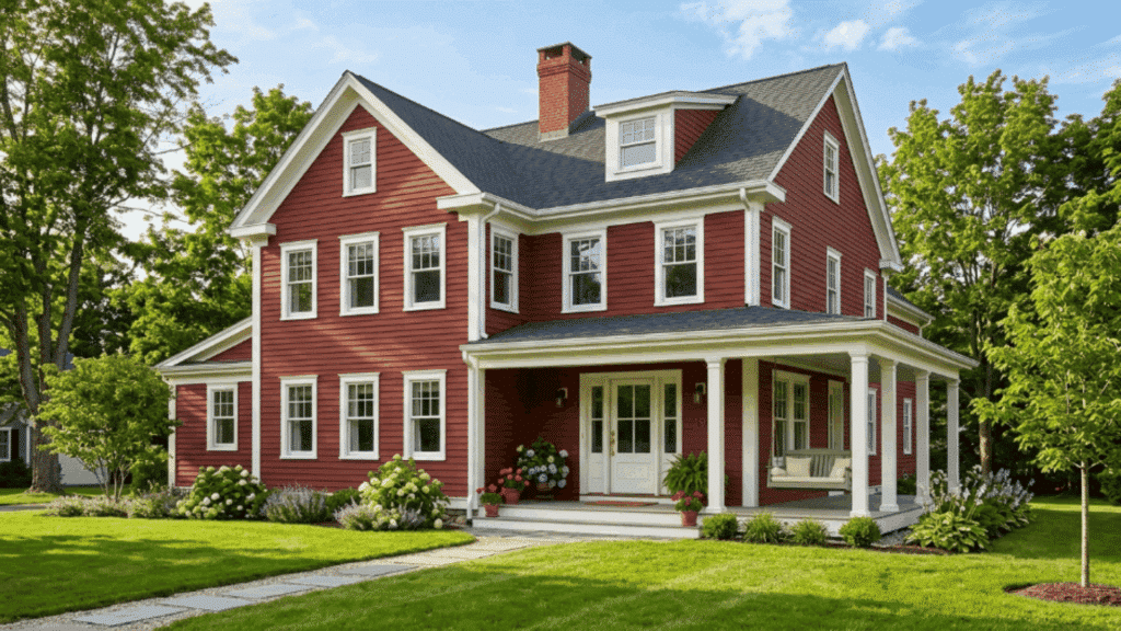 traditional farmhouse with brick red siding white trim porch swing green lawn sunny afternoon countryside