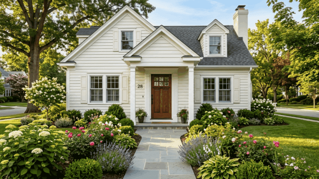 traditional home with ivory siding natural wood front door white windows garden plants soft daylight
