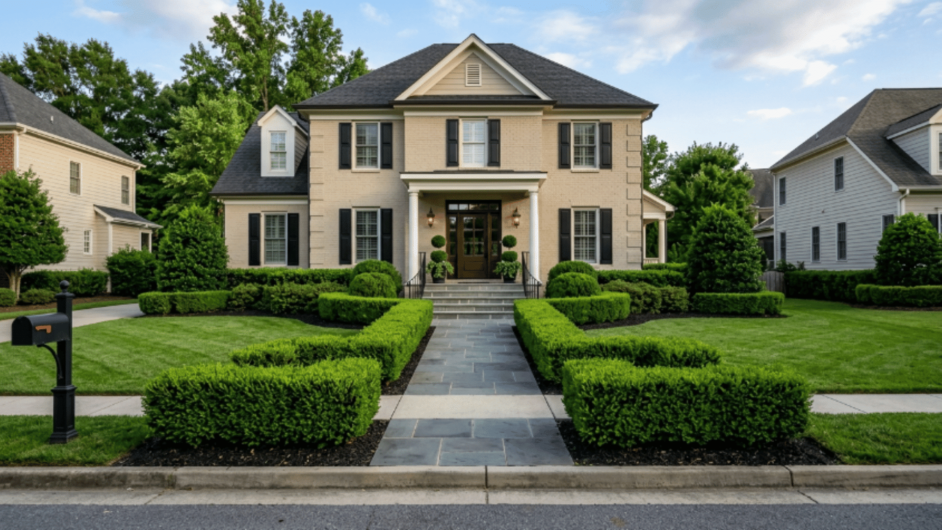 traditional home with neatly trimmed evergreen shrubs, symmetrical layout, and a structured front yard design