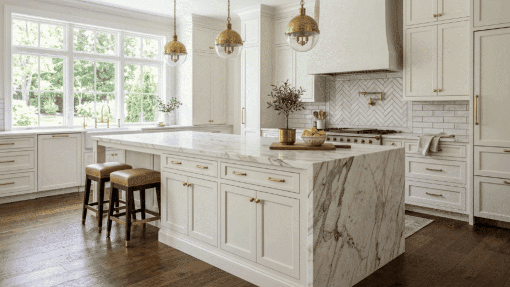 traditional kitchen island base paired with waterfall countertop creates a mix of classic warmth and sleek design