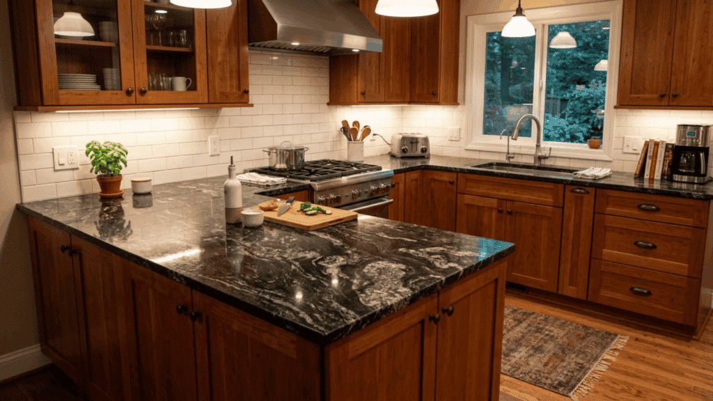 traditional kitchen with dark granite countertops, wooden cabinets, warm lighting, and detailed natural stone patterns