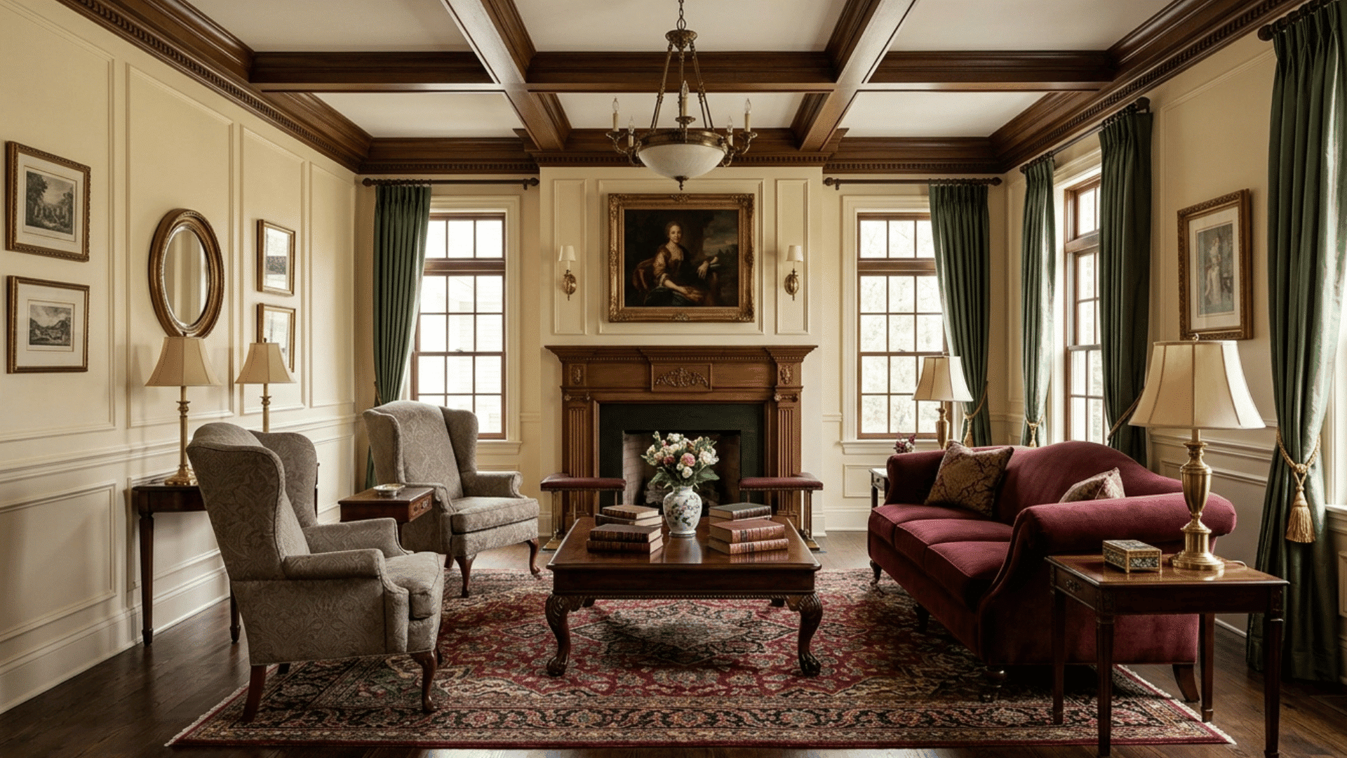 traditional living room with classic furniture, fireplace, paneled walls, and rich fabrics.