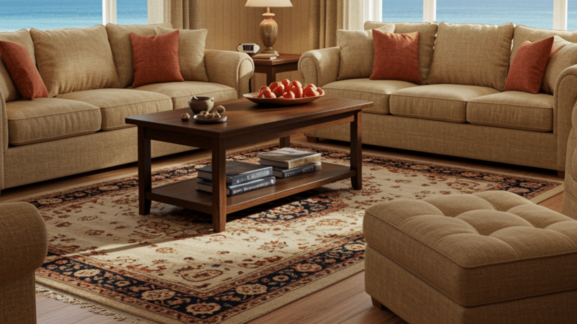 traditional living room with matching sofas wooden tables and lamps arranged around patterned rug with ocean view through windows