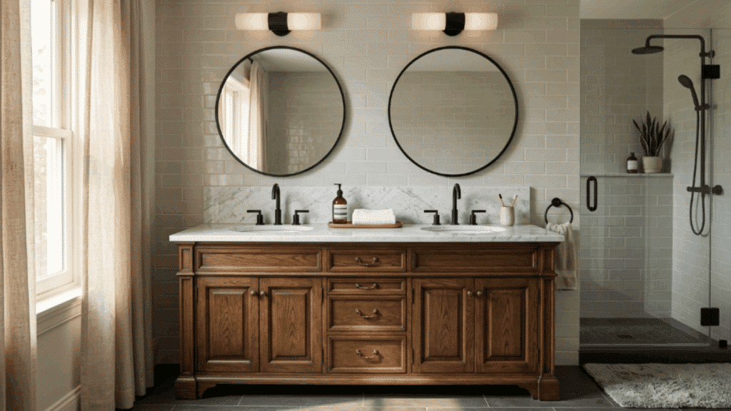 traditional vanity cabinet with modern fixtures balances classic warmth with clean updated bathroom design