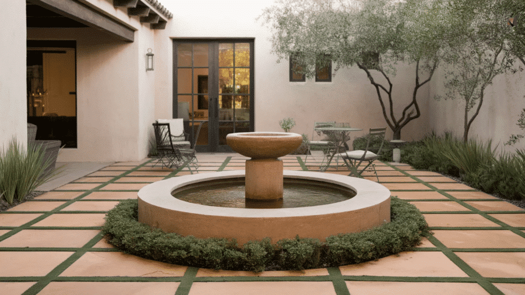 tranquil courtyard featuring a central stone fountain surrounded by neatly arranged tile pathways and lush greenery