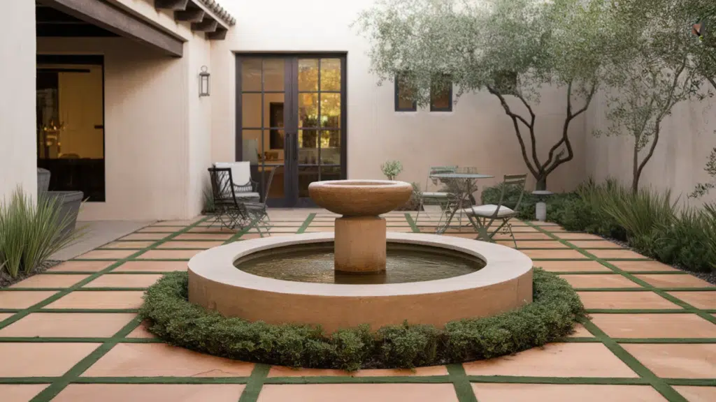 tranquil courtyard featuring a central stone fountain surrounded by neatly arranged tile pathways and lush greenery