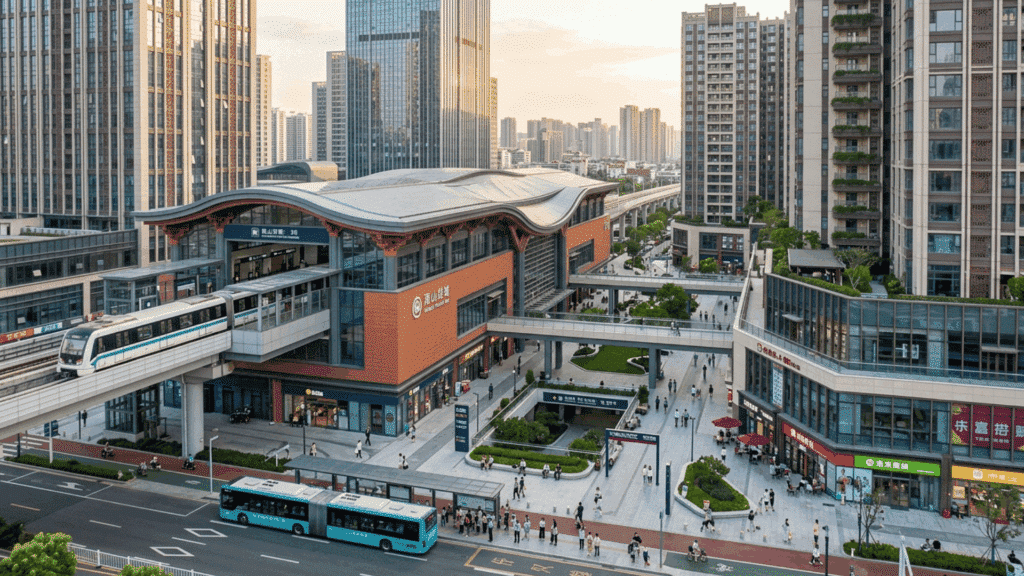transit-oriented development with metro station integrated into modern Chinese city layout.