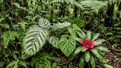 tropical rainforest plants with large leaves and bromeliad.