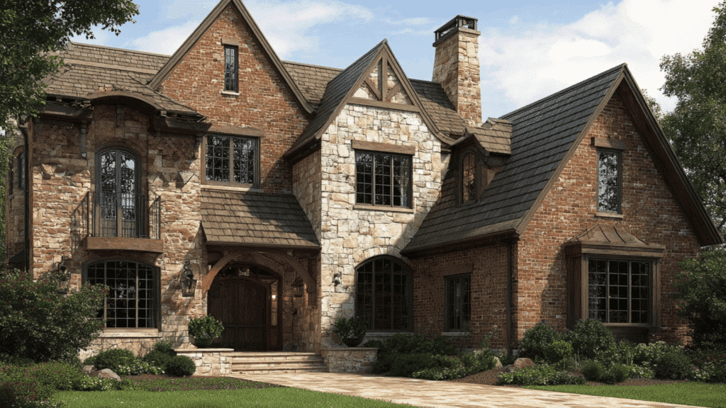 tudor revival home exterior with brick and stone materials creating layered texture