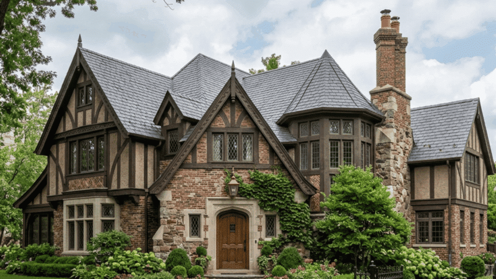 tudor revival house exterior with steep roof half timbering brick walls and arched entry surrounded by greenery
