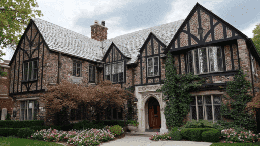 tudor revival house exterior with steep roof half timbering brick walls and arched entry surrounded by greenery