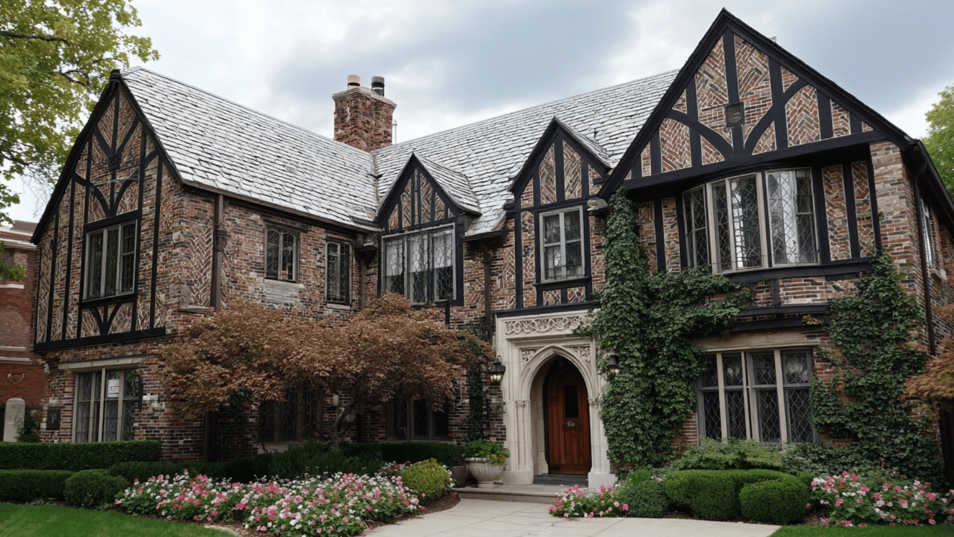 tudor revival house exterior with steep roof half timbering brick walls and arched entry surrounded by greenery