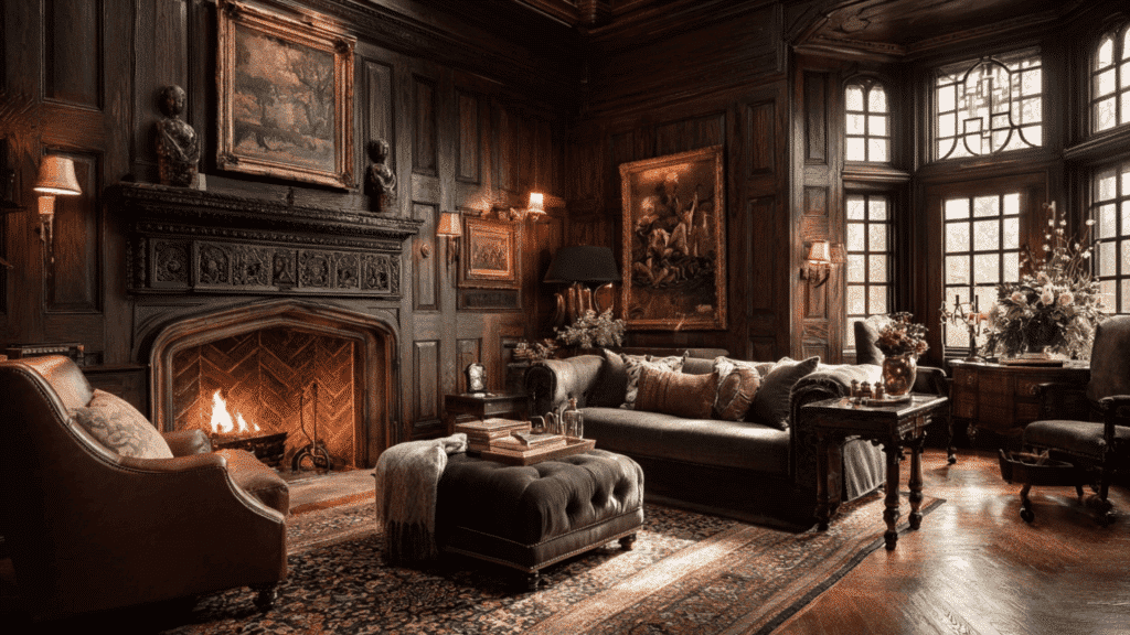 tudor revival interior with dark wood paneling and warm cozy atmosphere