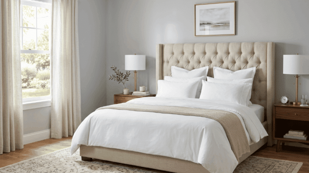 tufted headboard with simple neutral bedding creates a calm bedroom that feels comfortable relaxing and softly elegant