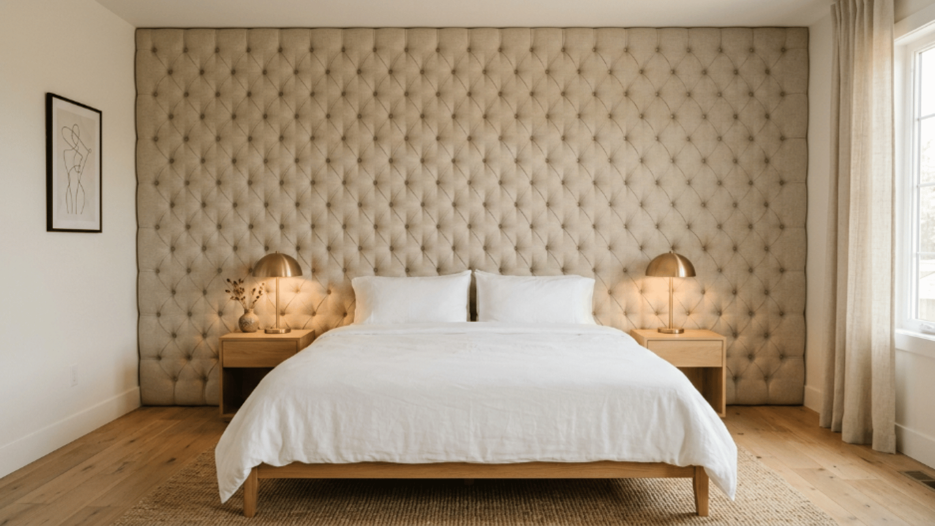 tufted wall design creating a padded and cozy look across the bed area