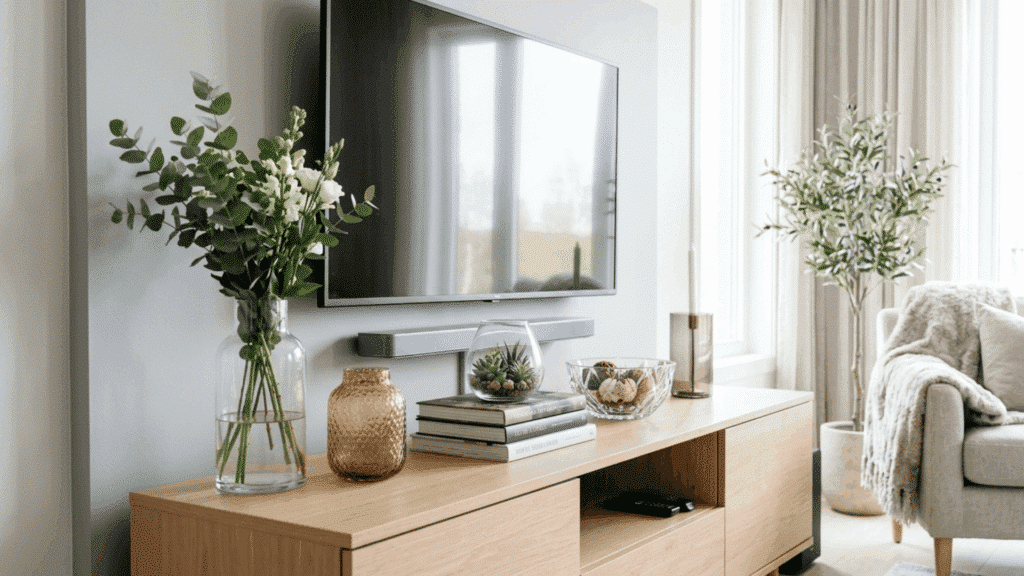 tv stand glass vases, flowers, and books in a bright living room.
