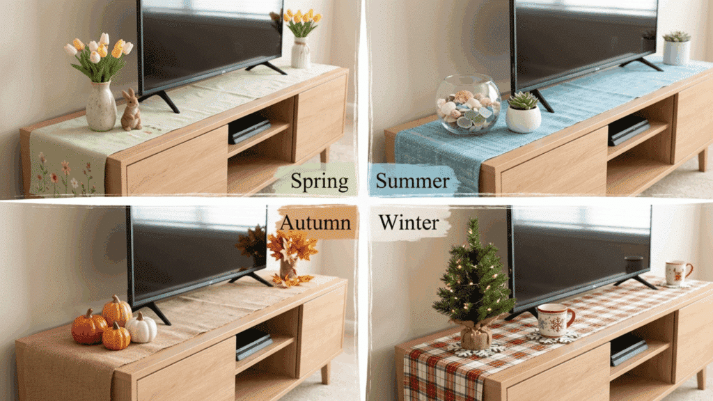 tv stand styled for seasons with spring, summer, autumn, and winter decor.