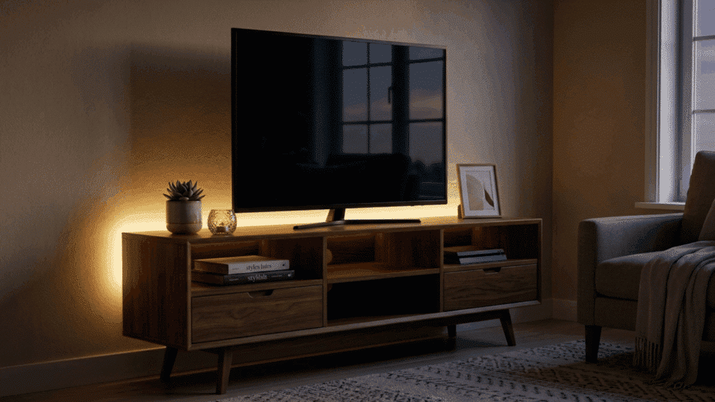 tv stand with LED backlight, plant, and decor in a warm evening living room.
