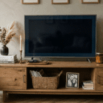 tv stand with baskets, candles, and layered decor in living room