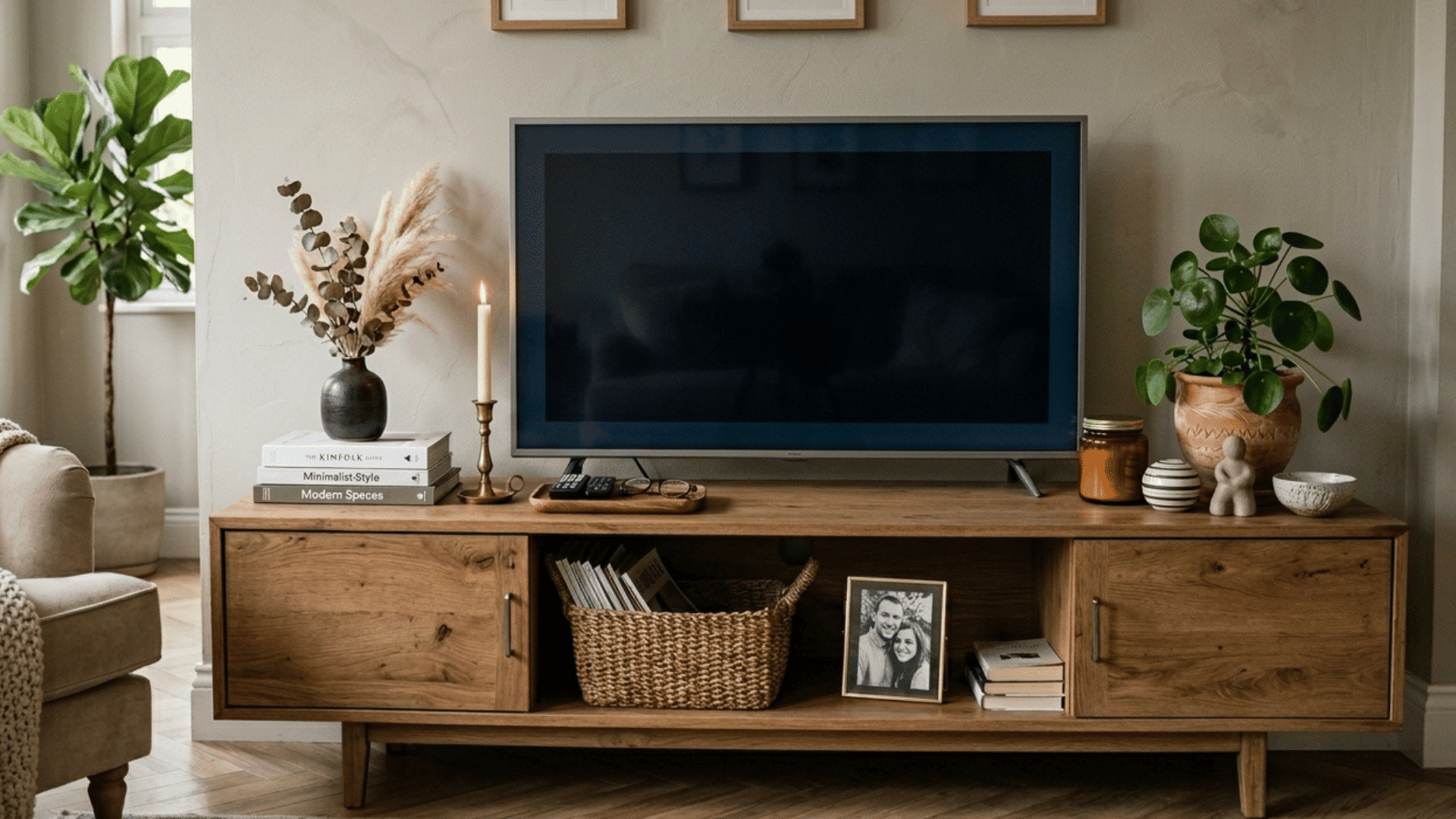tv stand with baskets, candles, and layered decor in living room