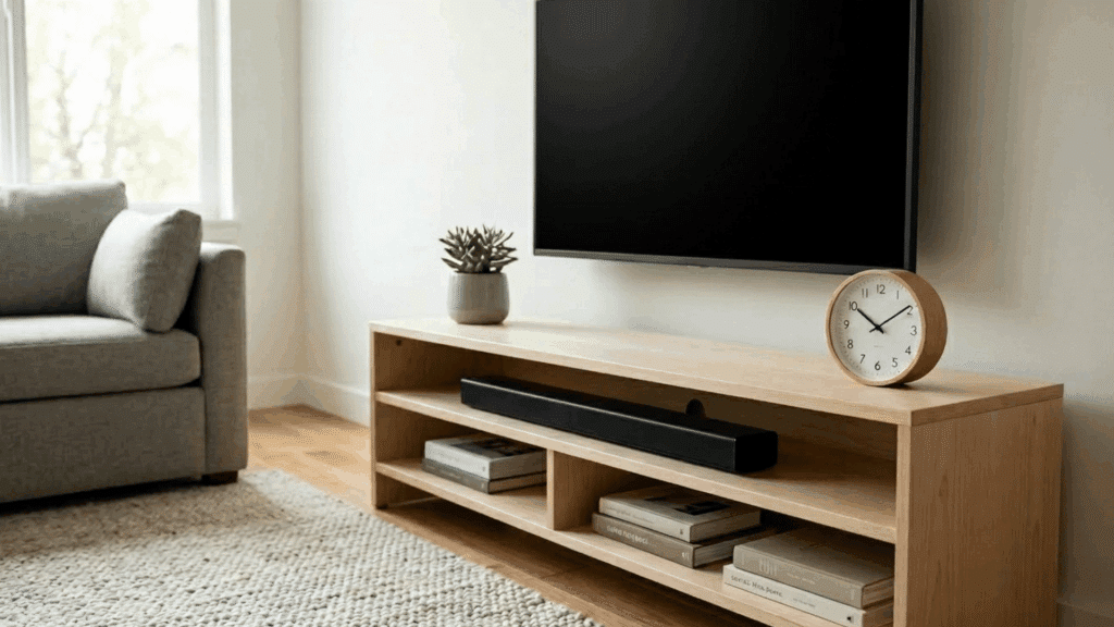 tv stand with clock decor in a simple modern setup